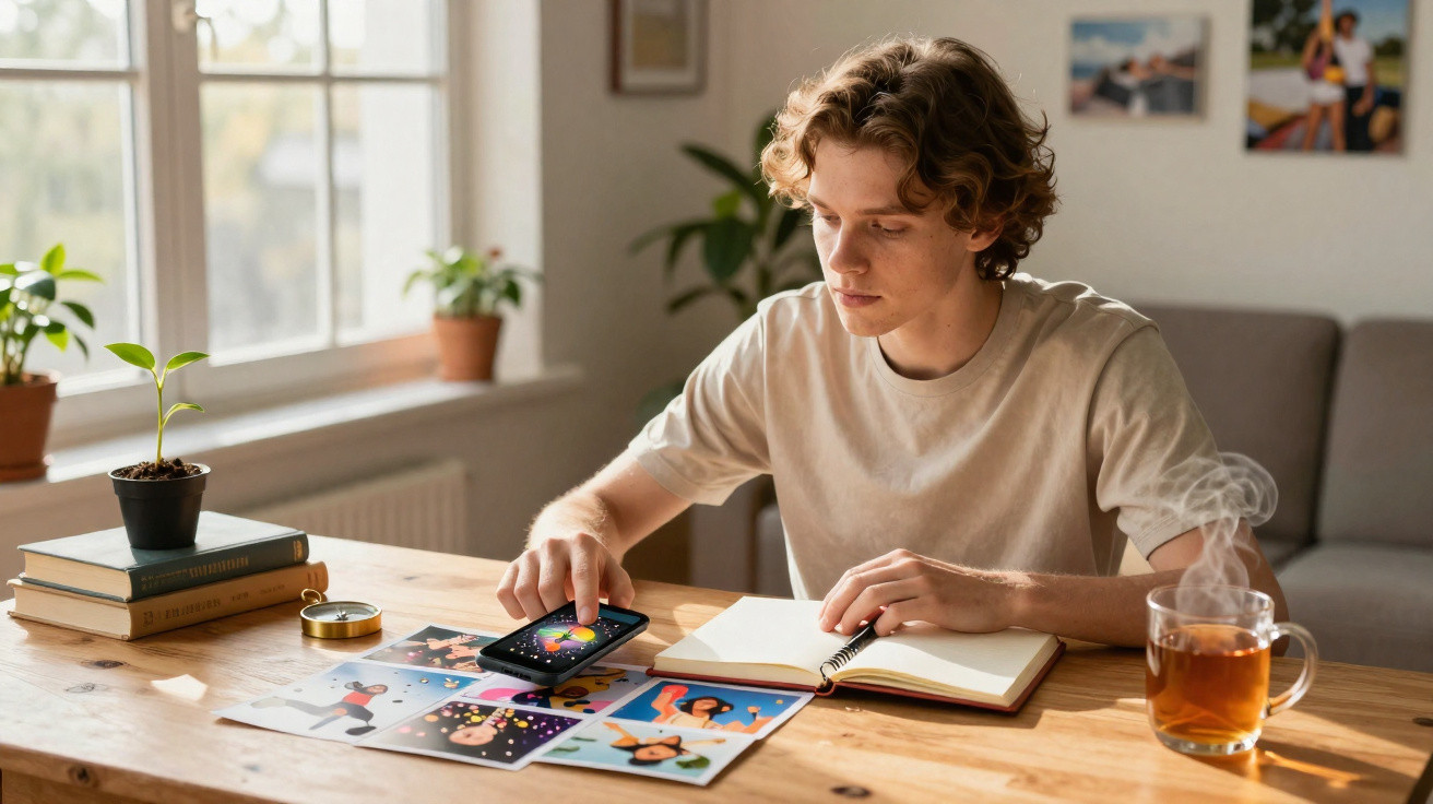 Jovem sentado à mesa interagindo com fotos, celular e caderno, ao lado de xícara de chá e plantas.
