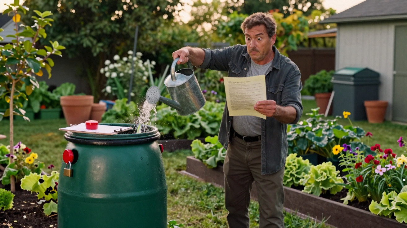 Homem regando um barril verde no jardim enquanto lê instruções em papel.