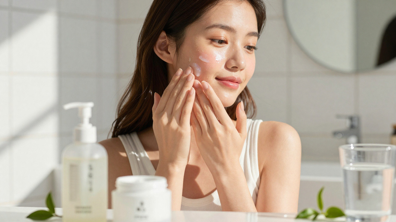 Mulher aplicando creme facial em ambiente claro com frascos de produtos de skincare na bancada.