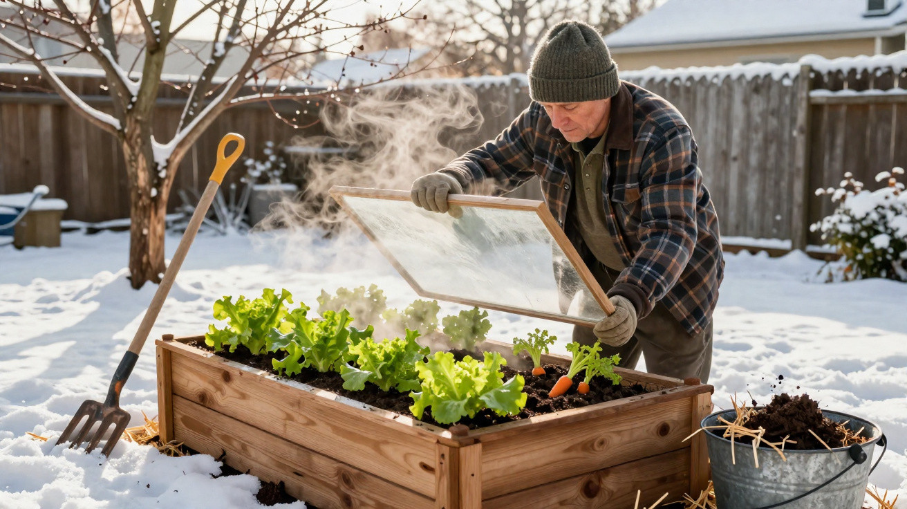 Homem cuidando de estufa elevada com plantas em jardim coberto de neve durante inverno.