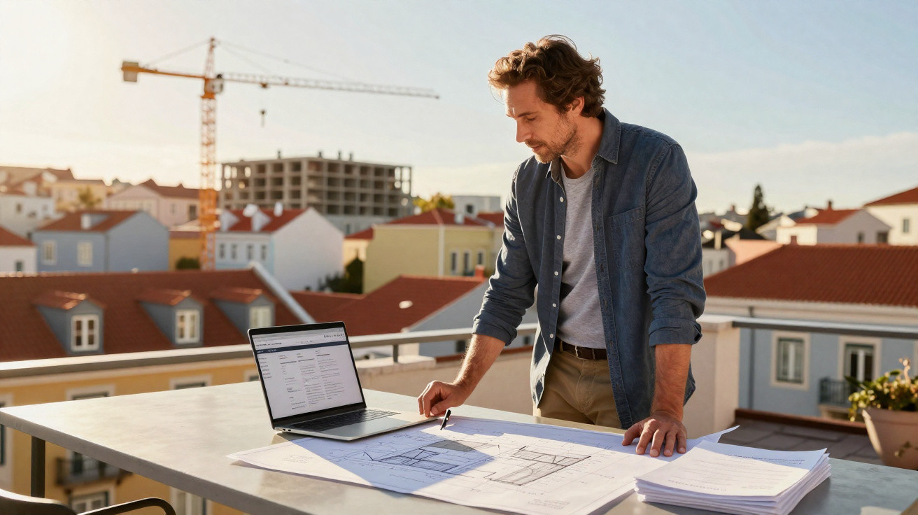 Homem analisa plantas arquitetônicas em mesa externa com laptop, ao fundo casas e guindaste de construção.