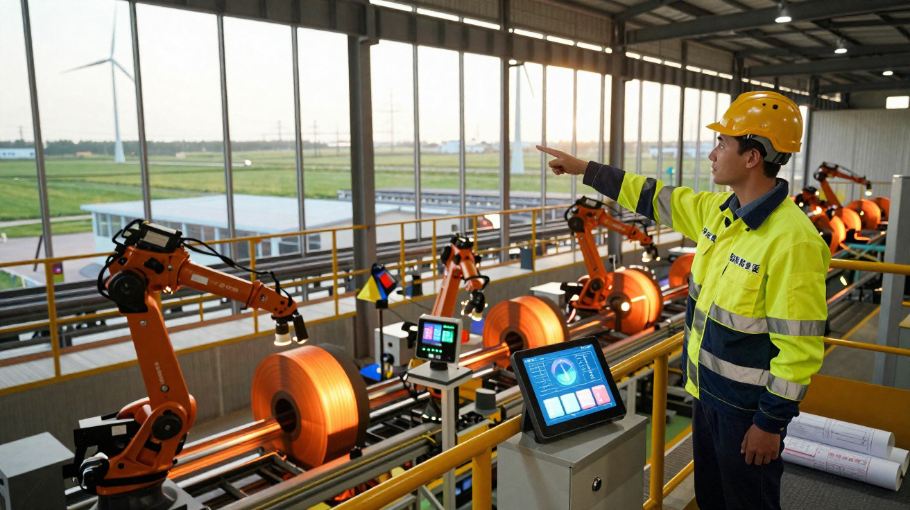 Homem com capacete amarelo operando máquinas industriais em fábrica moderna com braços robóticos.