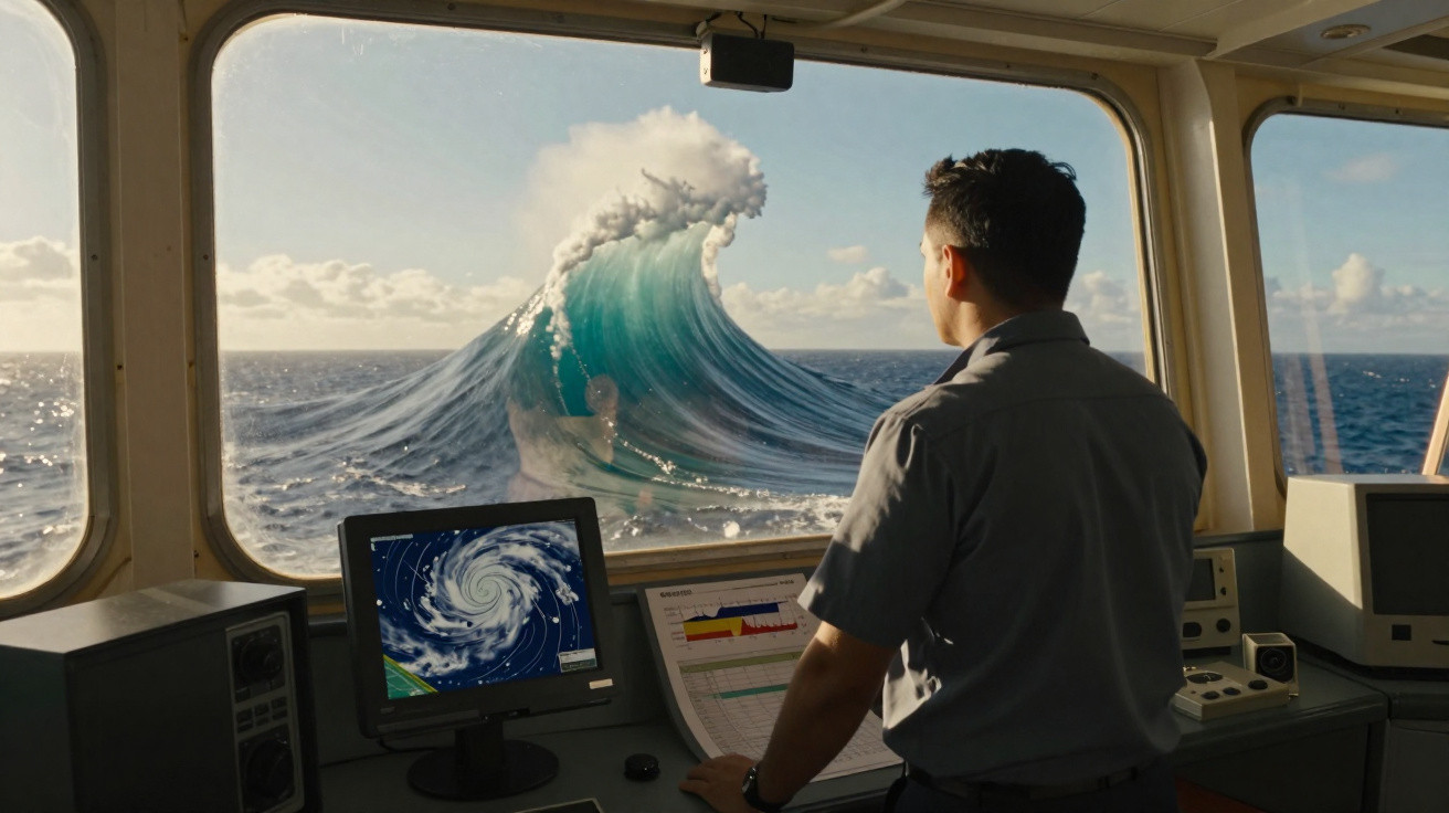 Homem observa grande onda do mar pela janela de cabine com equipamentos de navegação ao redor.