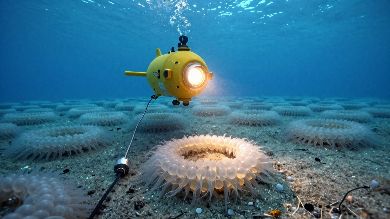 Veículo subaquático amarelo com luz à frente explora seres marinhos transparentes em formato circular no fundo do mar.