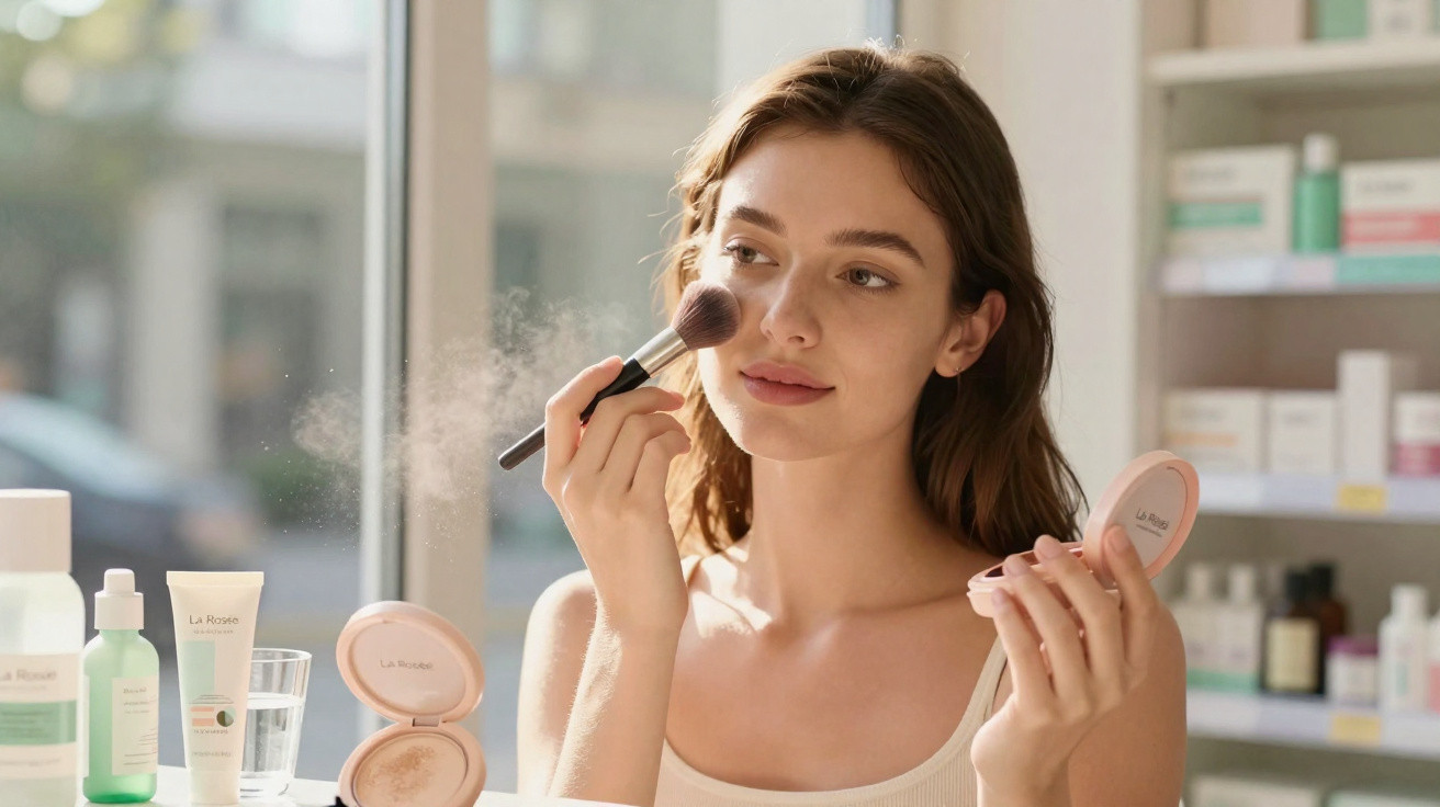 Mulher jovem aplicando pó facial com pincel em ambiente iluminado e produtos de beleza ao redor.