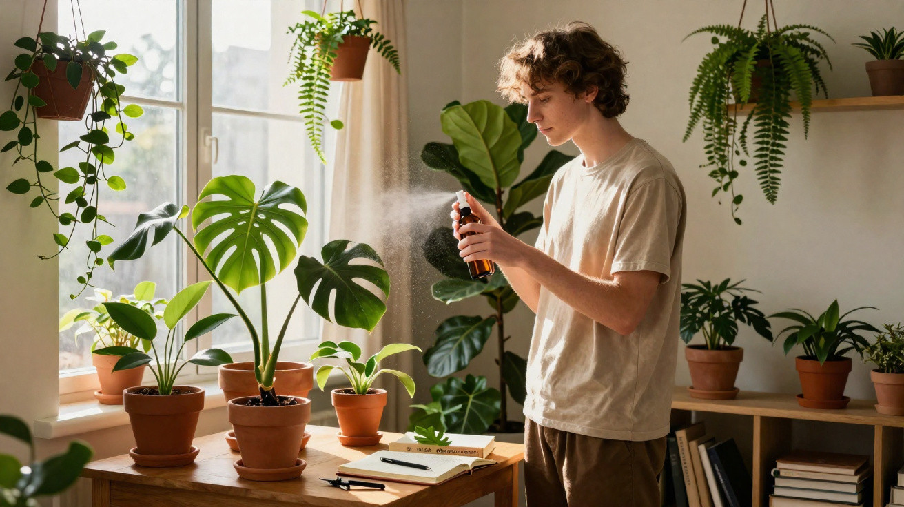 Jovem borrifando água em plantas verdes em vaso dentro de casa iluminada por luz natural.