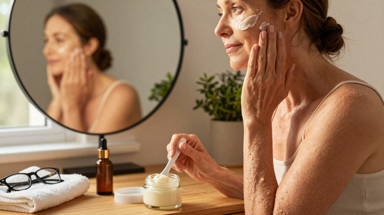Mulher aplicando creme facial perto de mesa com espelho, toalha e frascos, em ambiente iluminado.