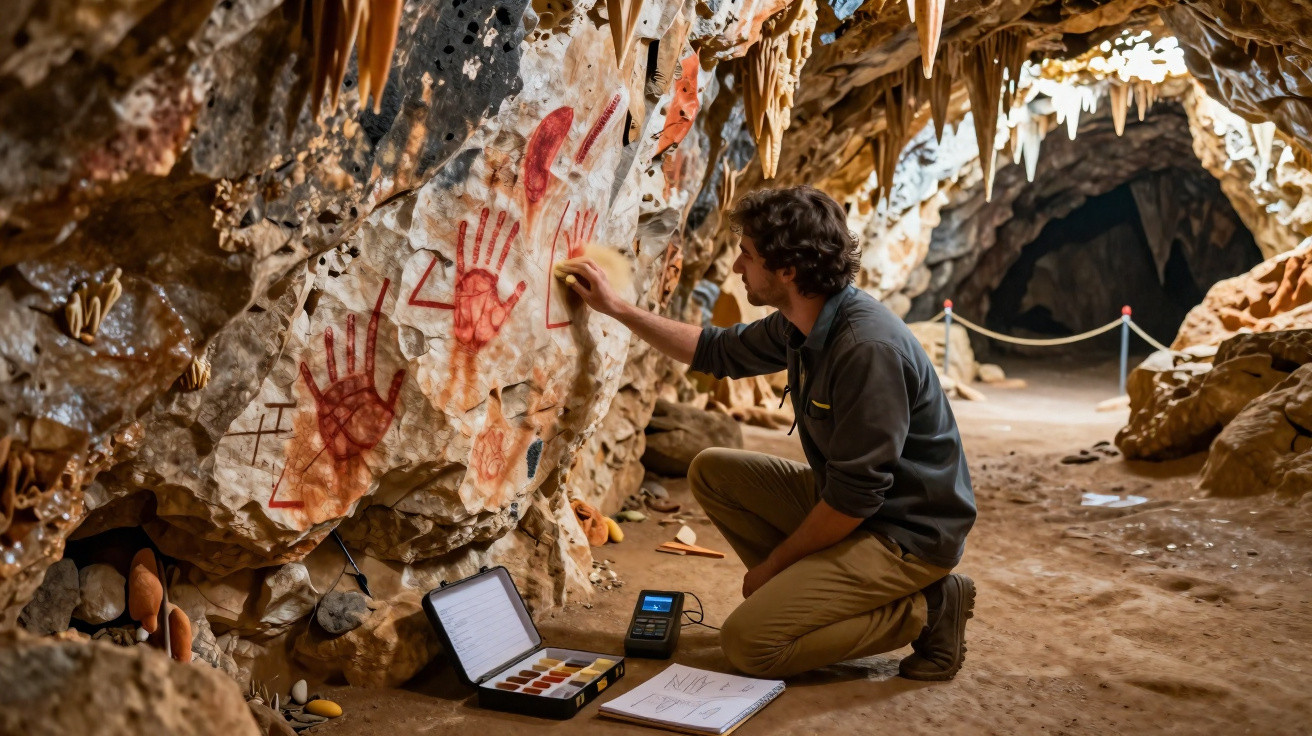 Pesquisador documenta pinturas rupestres com mãos em uma caverna iluminada por luz natural.