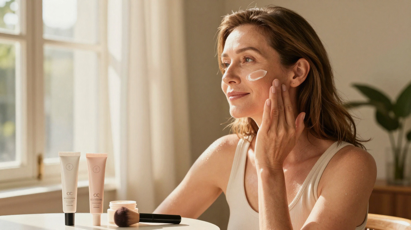 Mulher aplicando creme facial ao lado de produtos de maquiagem em mesa iluminada pela luz natural.