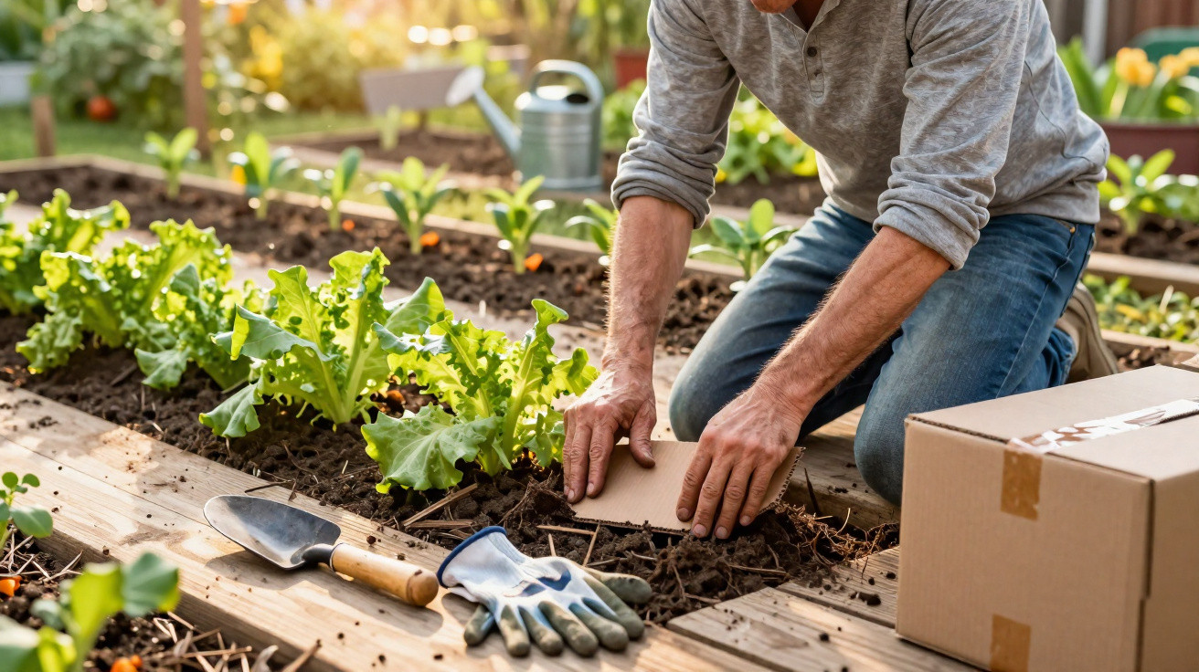 Homem cuidando da horta, preparando o solo entre plantas de alface, com luvas e ferramentas ao lado.