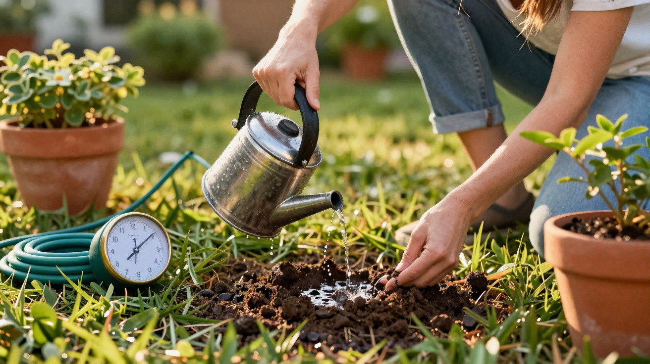 Pessoa regando sementes na terra com regador metálico em jardim ao ar livre.