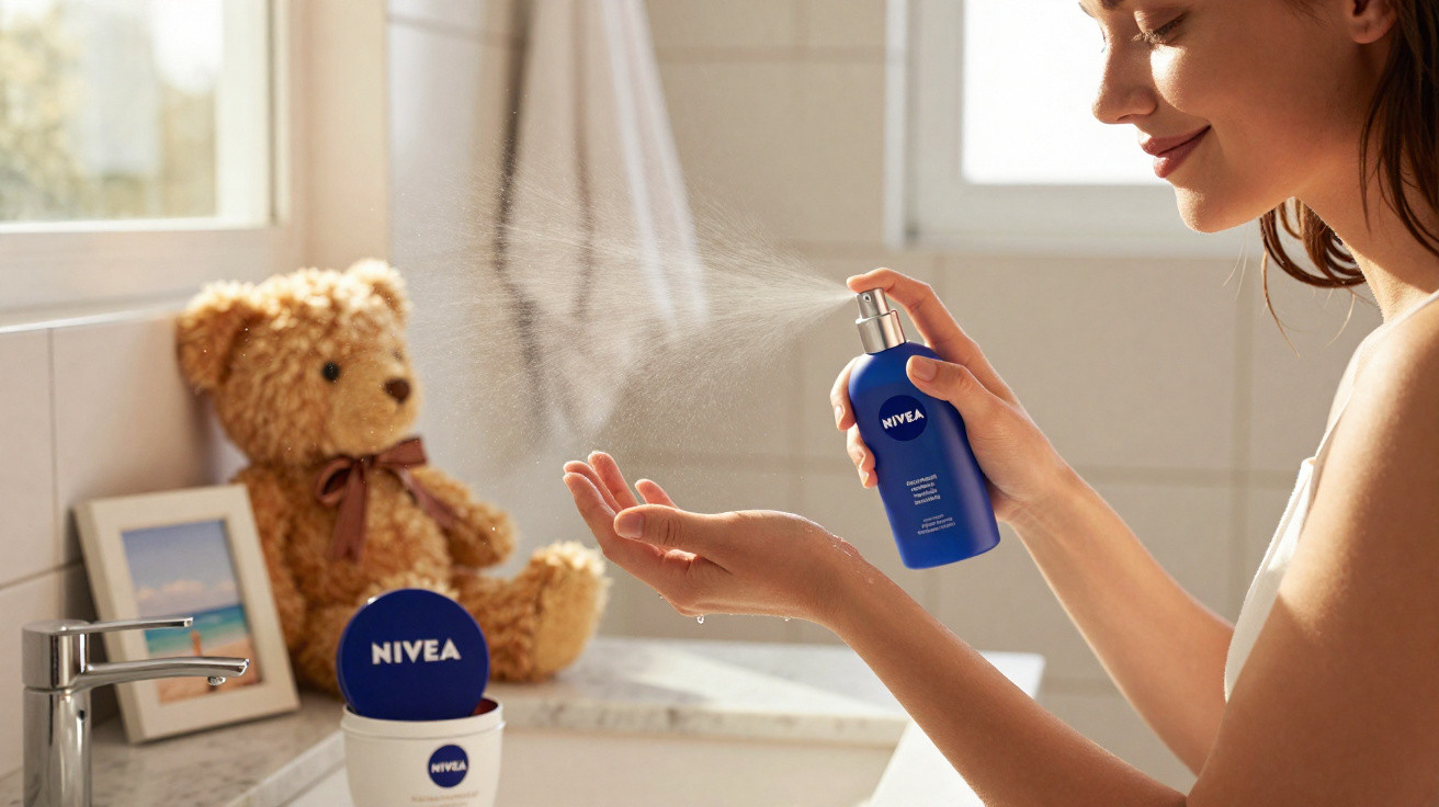 Mulher aplicando spray Nivea nas mãos em banheiro com urso de pelúcia ao fundo.