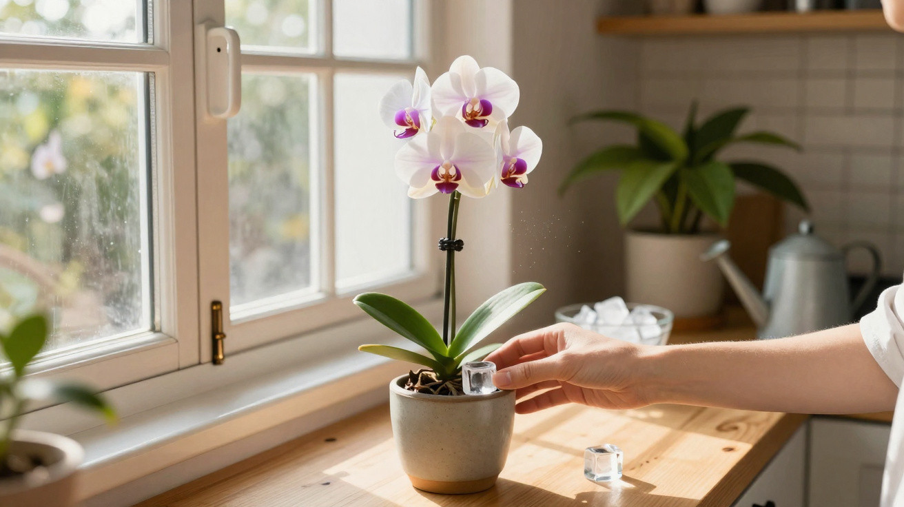 Mão colocando cubos de gelo no vaso com orquídea branca em bancada de madeira perto de janela iluminada.
