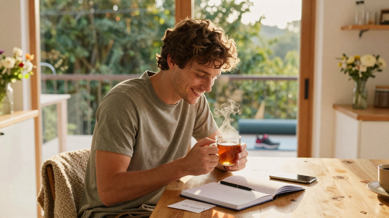 Jovem sorrindo enquanto segura xícara de chá quente sentado à mesa com caderno e celular à frente.