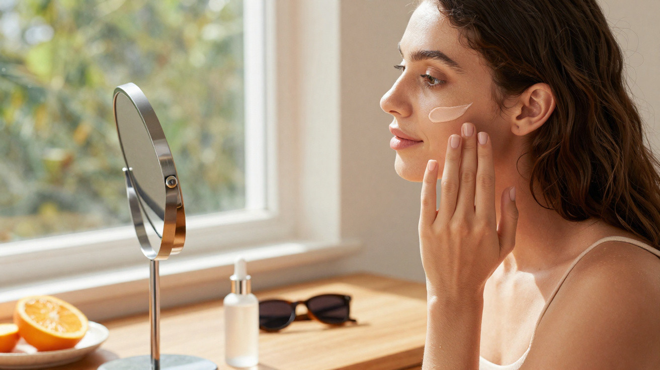 Mulher aplicando creme no rosto enquanto olha para espelho em ambiente iluminado por luz natural.