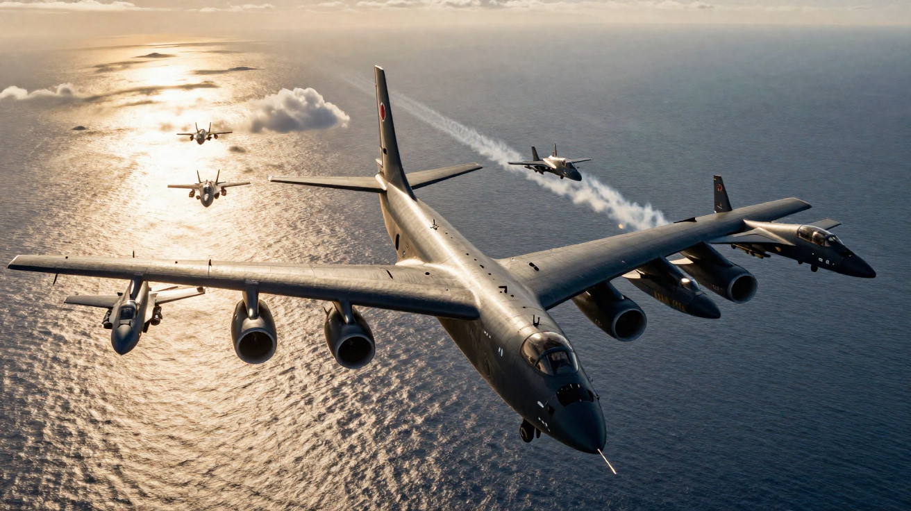 Formação de cinco aviões militares voando sobre o oceano ao pôr do sol, com reflexos dourados na água.