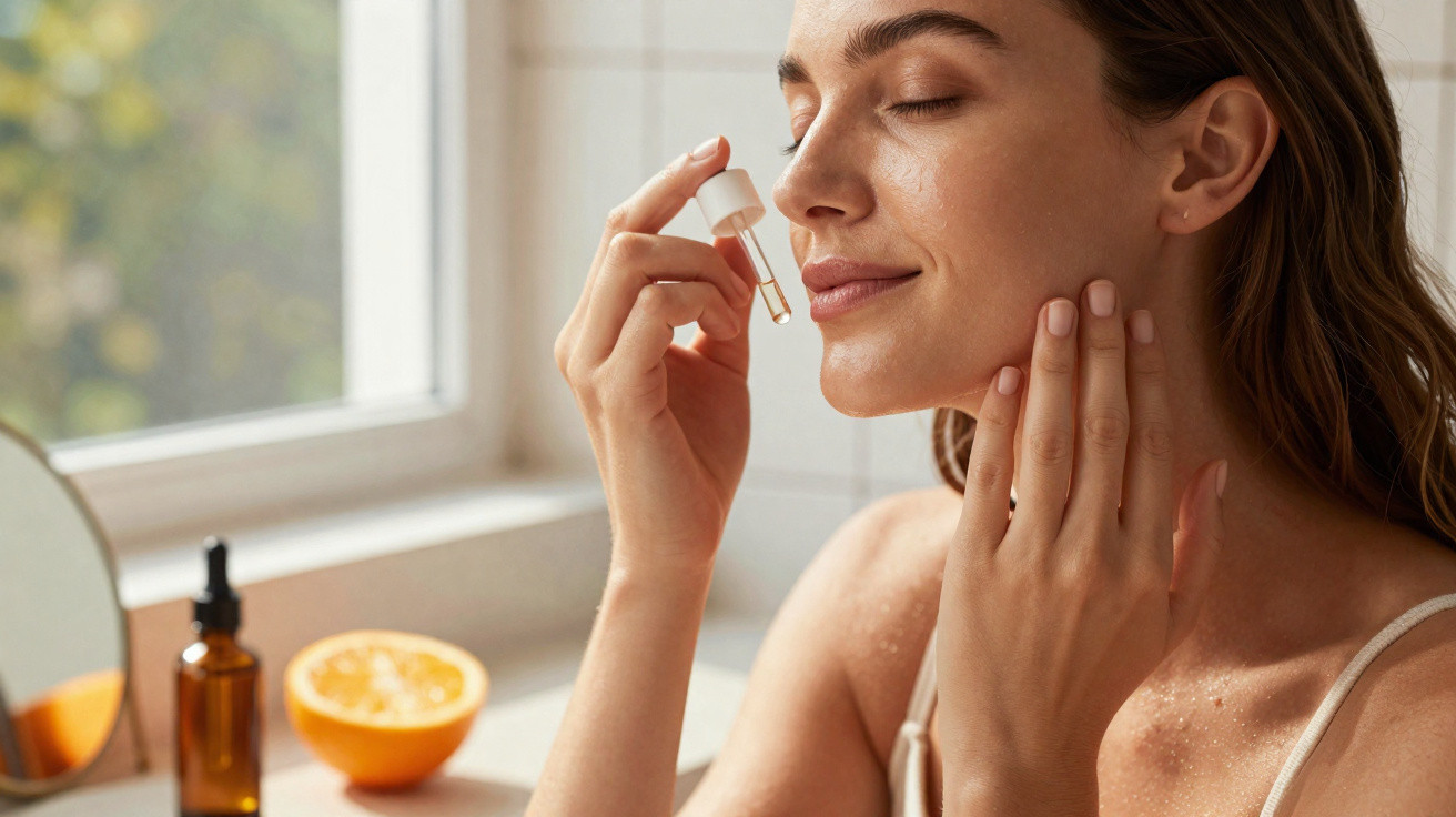 Mulher aplicando sérum facial próximo à janela com laranja e frascos ao fundo em ambiente iluminado.