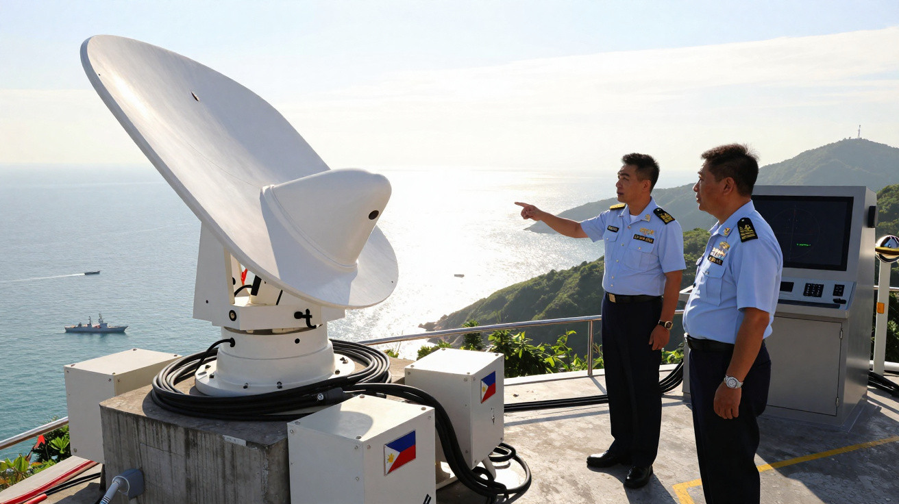 Dois homens em uniforme naval verificam antena parabólica em instalação à beira-mar com navios ao fundo.
