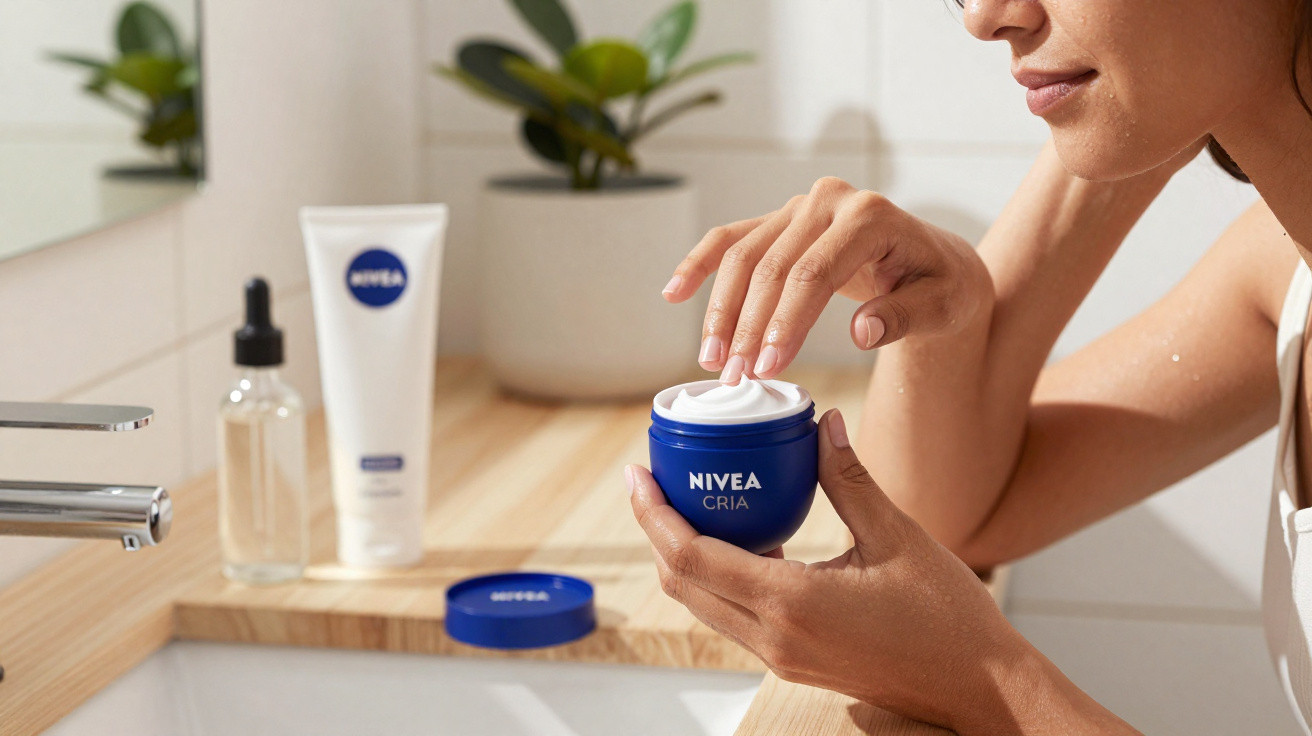 Pessoa aplicando creme Nivea Cria em ambiente de banheiro com produtos sobre bancada de madeira.