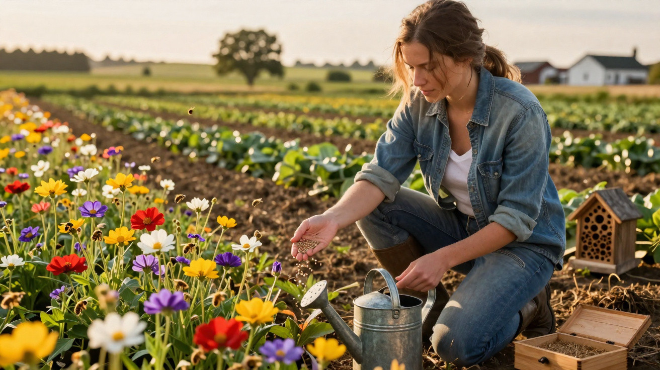 Mulher plantando flores coloridas em horta ao ar livre ao entardecer, com regador e caixa de sementes.