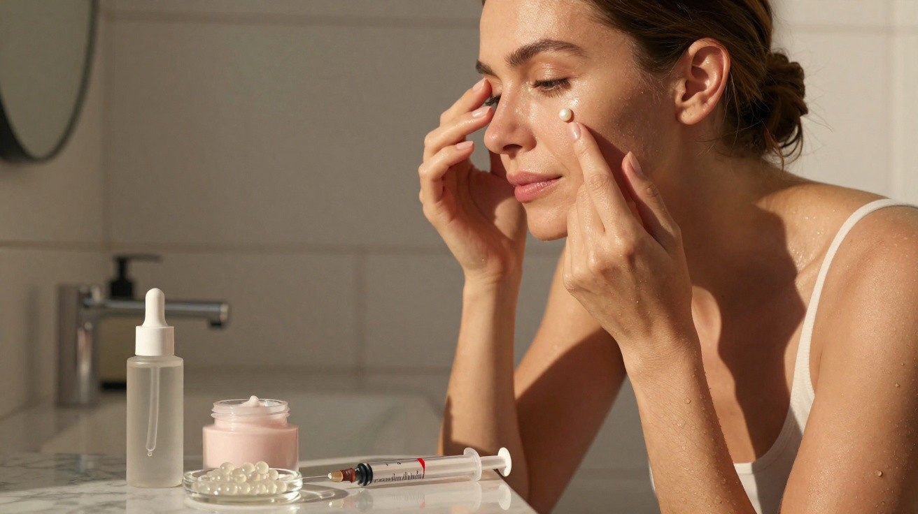 Mulher aplicando creme no rosto, com produtos de skincare e seringa sobre bancada branca.