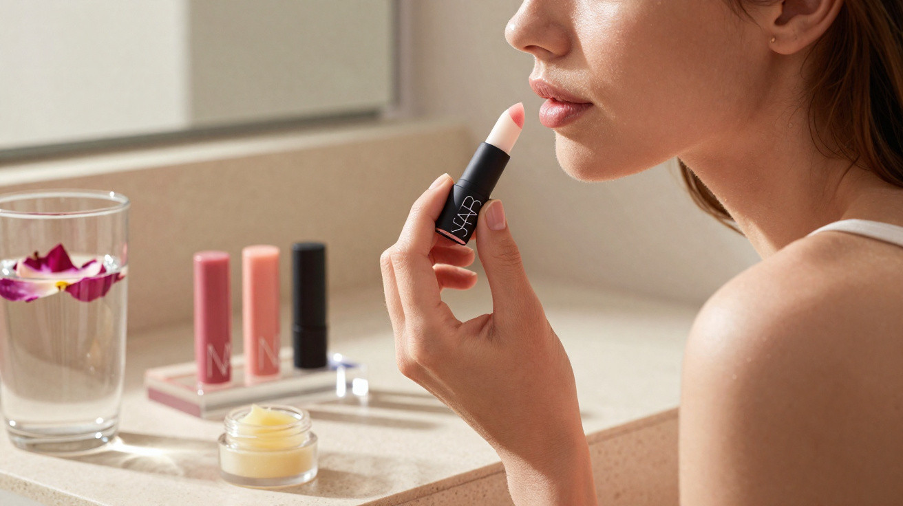 Mulher aplicando batom em tom nude ao lado de hidratante labial e cosméticos sobre bancada.
