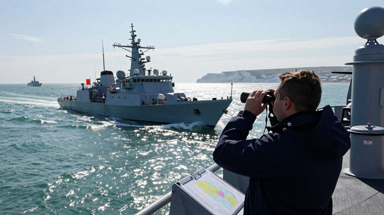 Homem observa com binóculo navio militar navegando no mar em dia ensolarado.