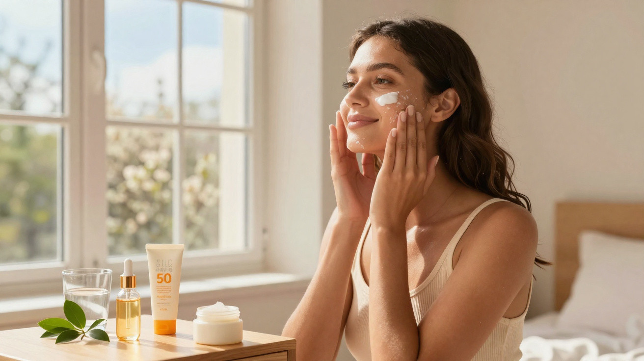 Mulher aplicando protetor solar no rosto perto de produtos de skincare em ambiente iluminado natural.