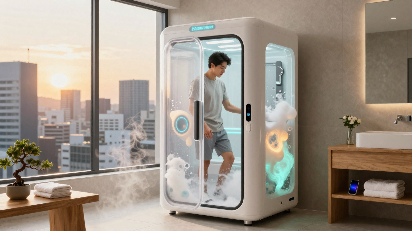 Homem usando cabine de vapor futurista em banheiro moderno com vista para cidade ao pôr do sol.