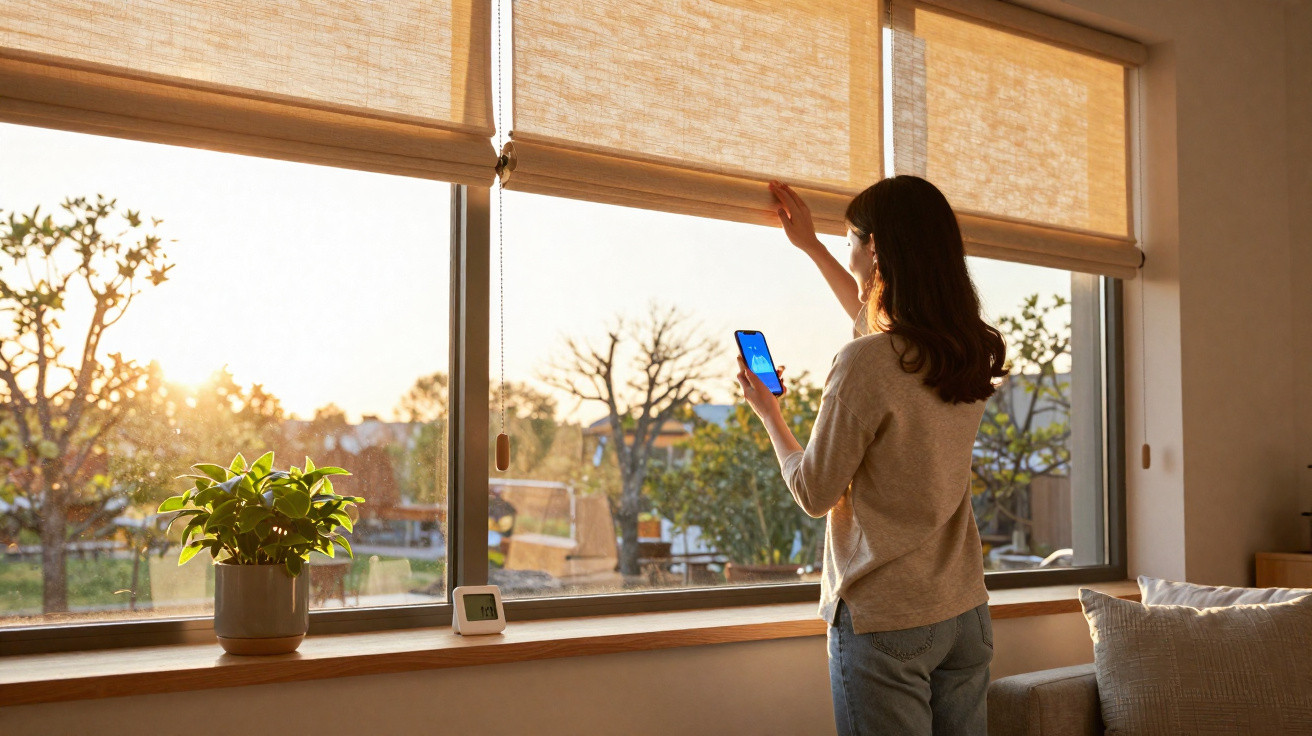 Mulher ajustando persiana em janela grande enquanto usa smartphone em casa durante o pôr do sol.