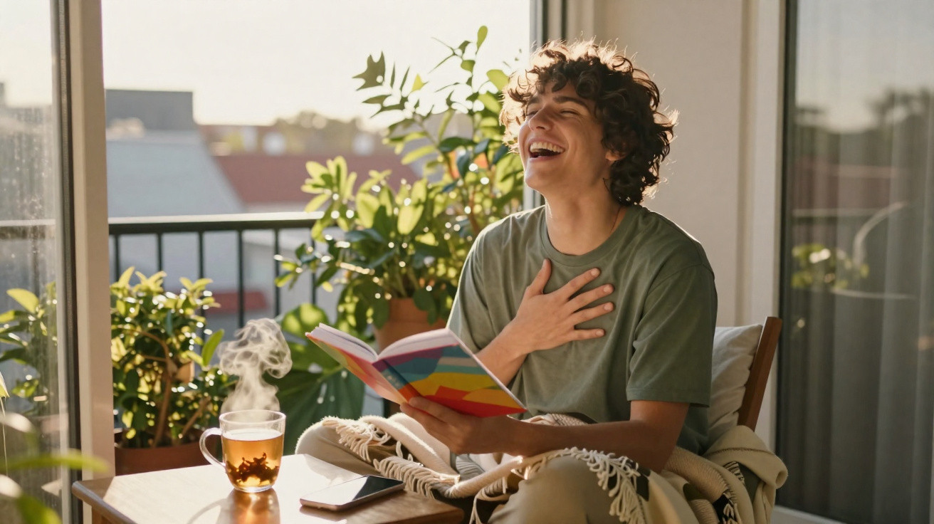 Pessoa sorrindo e lendo livro em varanda com plantas e chá quente ao lado em dia ensolarado.