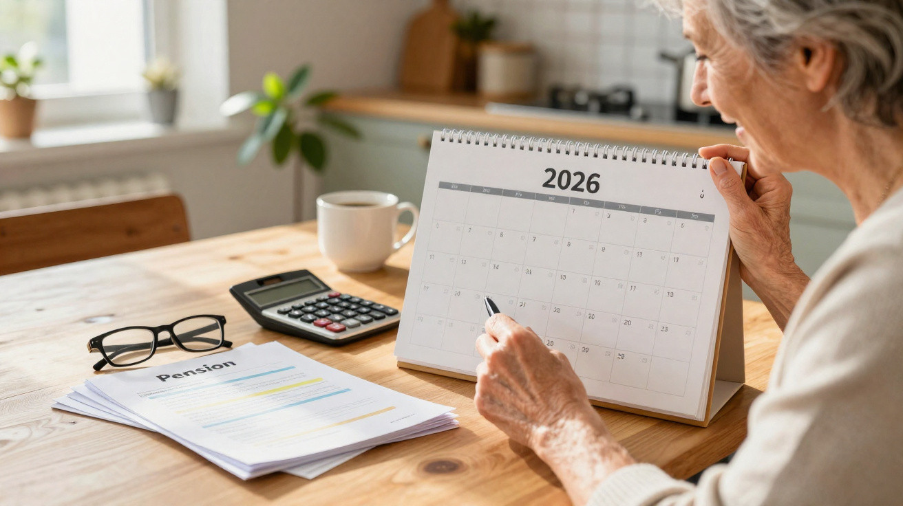 Pessoa idosa marcando data em calendário de 2026, com documentos, calculadora e óculos sobre a mesa.