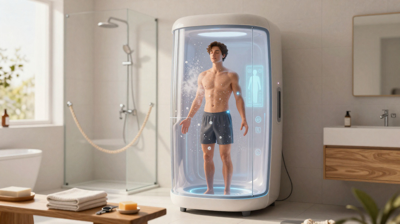 Homem dentro de cabine futurista de banho digital em banheiro moderno e iluminado.