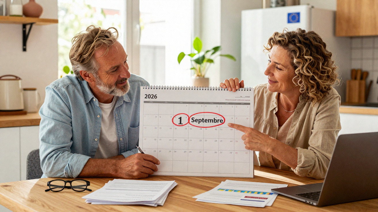 Casal sorridente mostra calendário sincronizado para 1º de setembro de 2026 em cozinha iluminada.