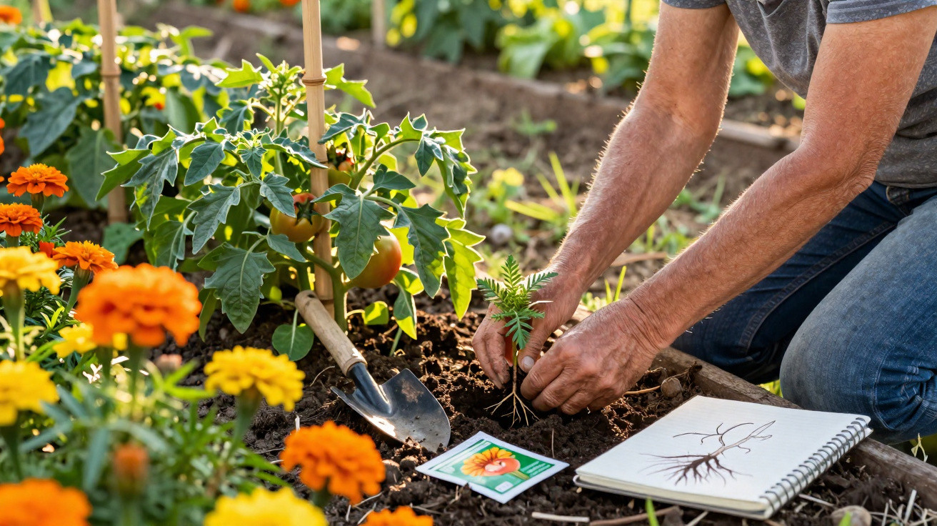 Pessoa plantando muda em jardim com flores laranja e ferramentas de jardinagem ao redor.