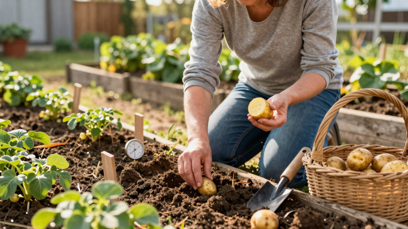 Pessoa plantando batatas em canteiro com cesta de batatas ao lado em jardim ensolarado.