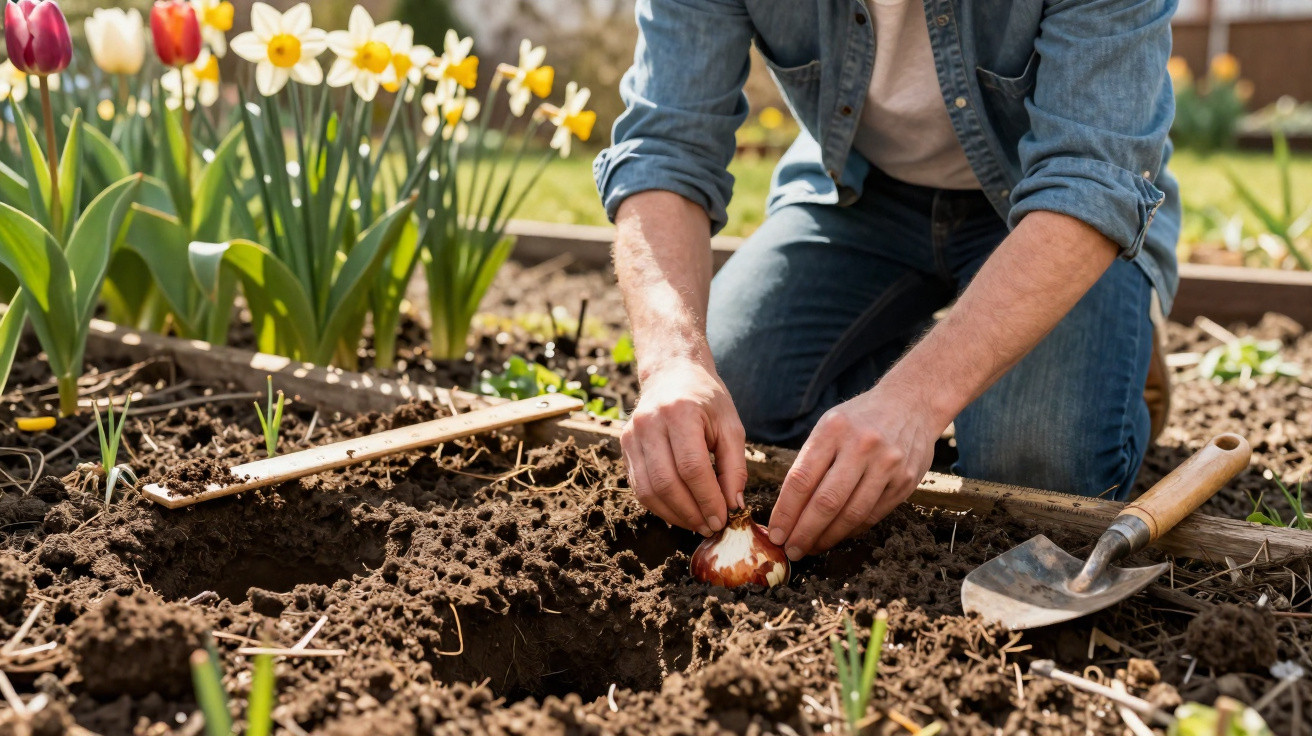 Pessoa plantando bulbo de flor em jardim com tulipas e narcisos ao fundo em dia ensolarado.