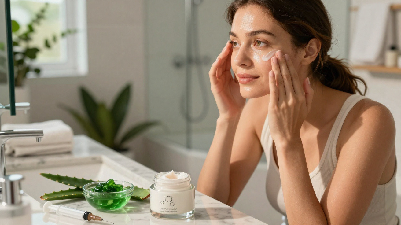 Mulher aplicando creme facial em frente ao espelho em banheiro com ingredientes naturais ao lado.