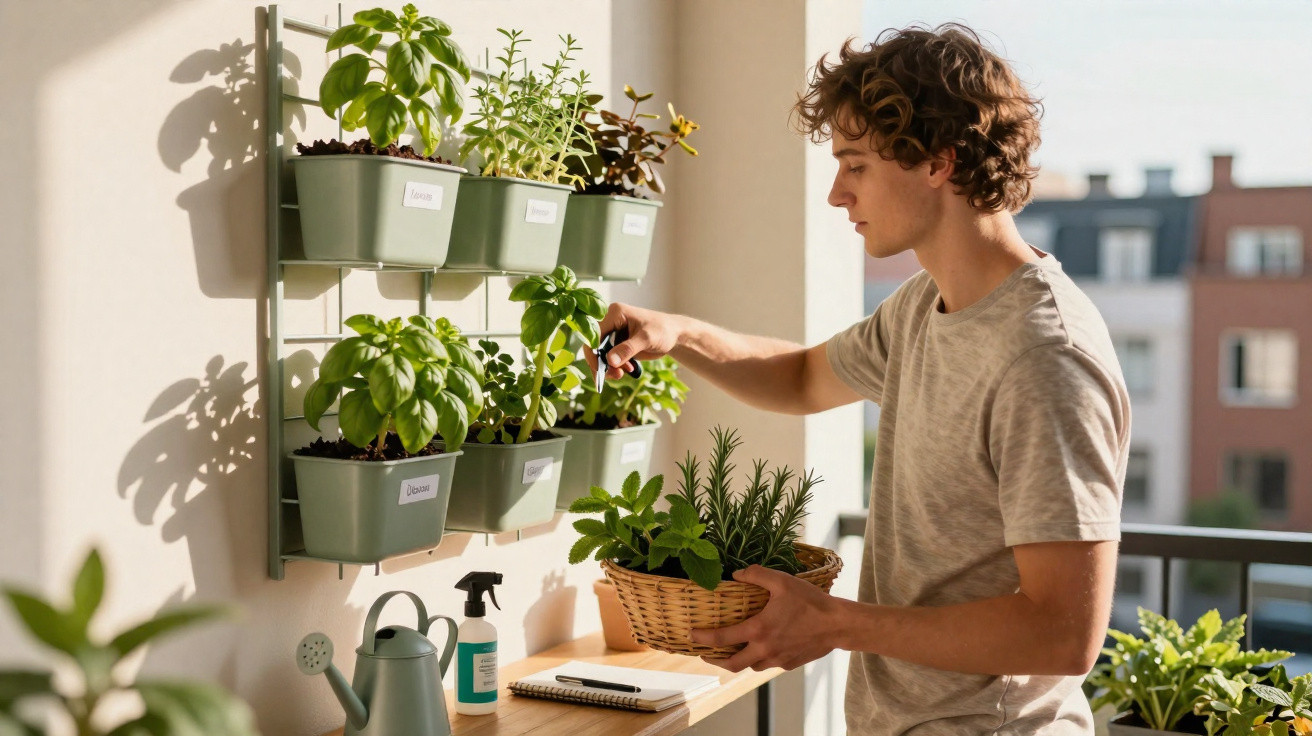 Jovem cuidando de hortaliças e plantas em vasos organizados em prateleira na varanda ensolarada.