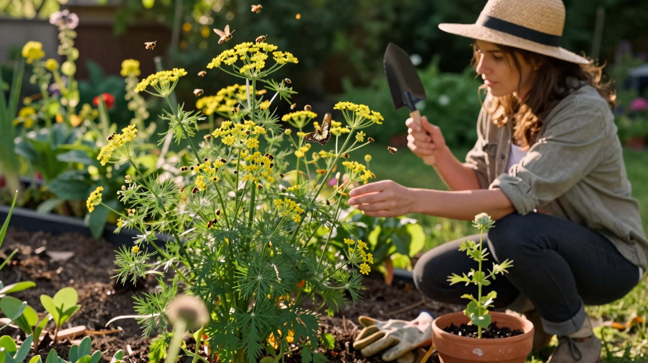 Mulher com chapéu cuidando de plantas amarelas em jardim, segurando uma pequena pá de jardinagem.