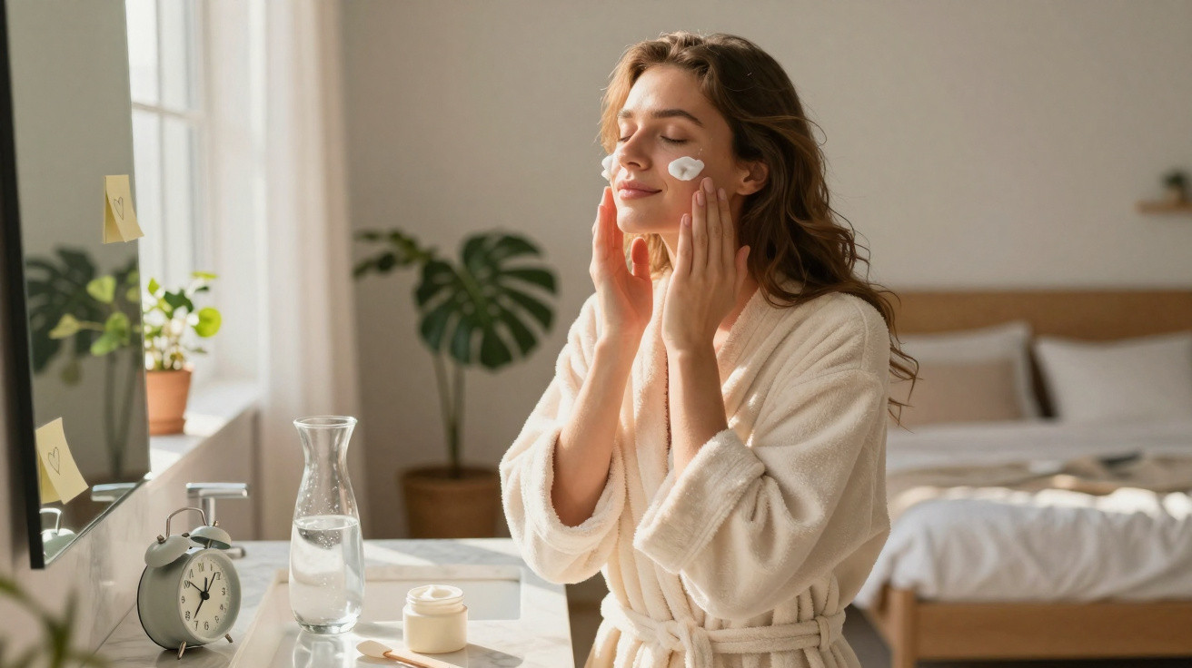 Mulher de robe branco aplicando creme facial em ambiente iluminado e aconchegante, com cama ao fundo.