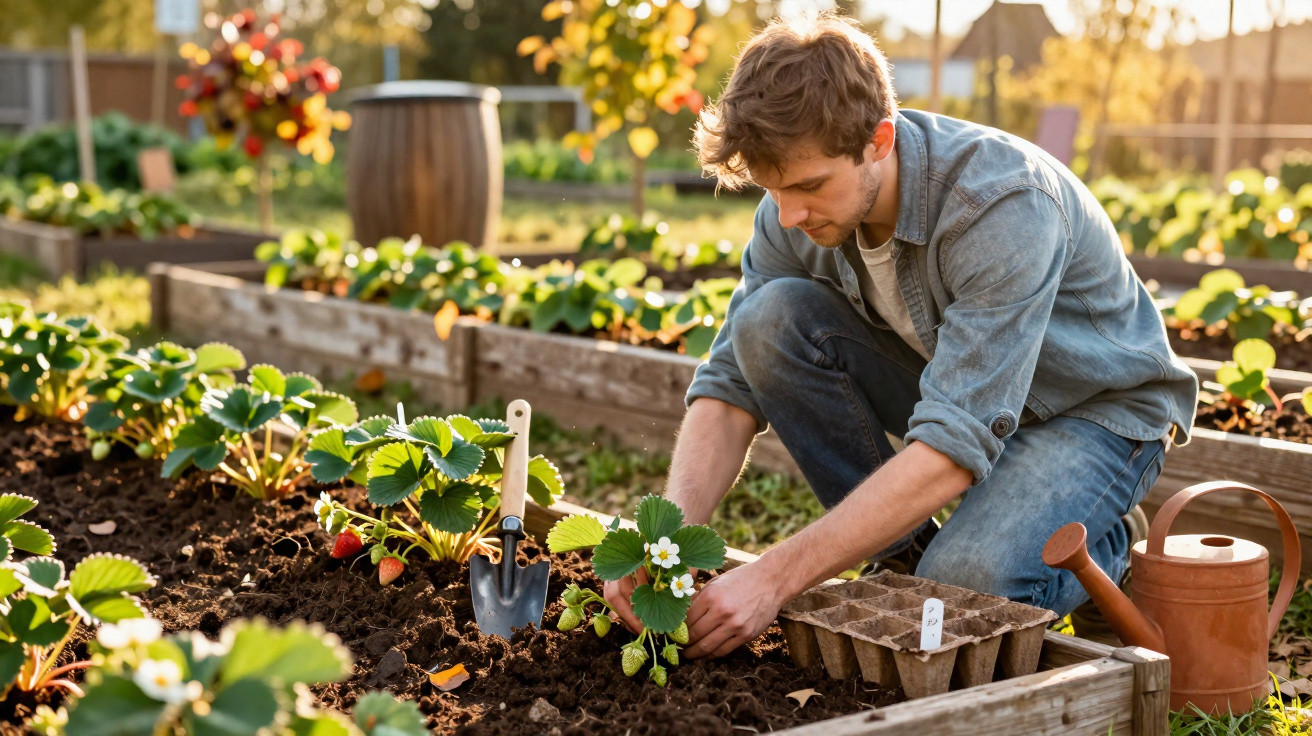 Homem cuidando de plantas de morango em uma horta ao ar livre durante o dia ensolarado.