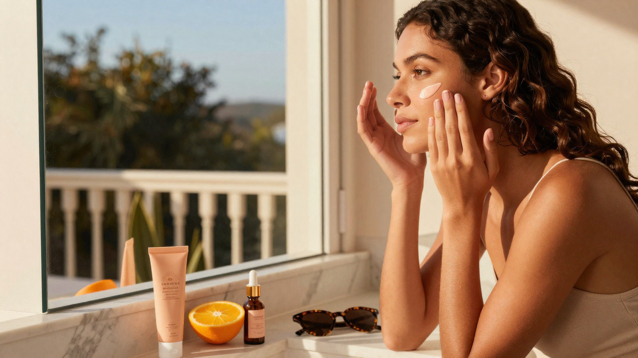 Mulher aplicando creme no rosto perto da janela com produtos de cuidados da pele e cortada de laranja.