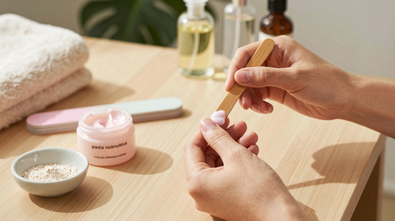 Mãos aplicando creme rosa em unha com espátula, esmaltes, bolinhas de algodão e toalha ao fundo em mesa de madeira.