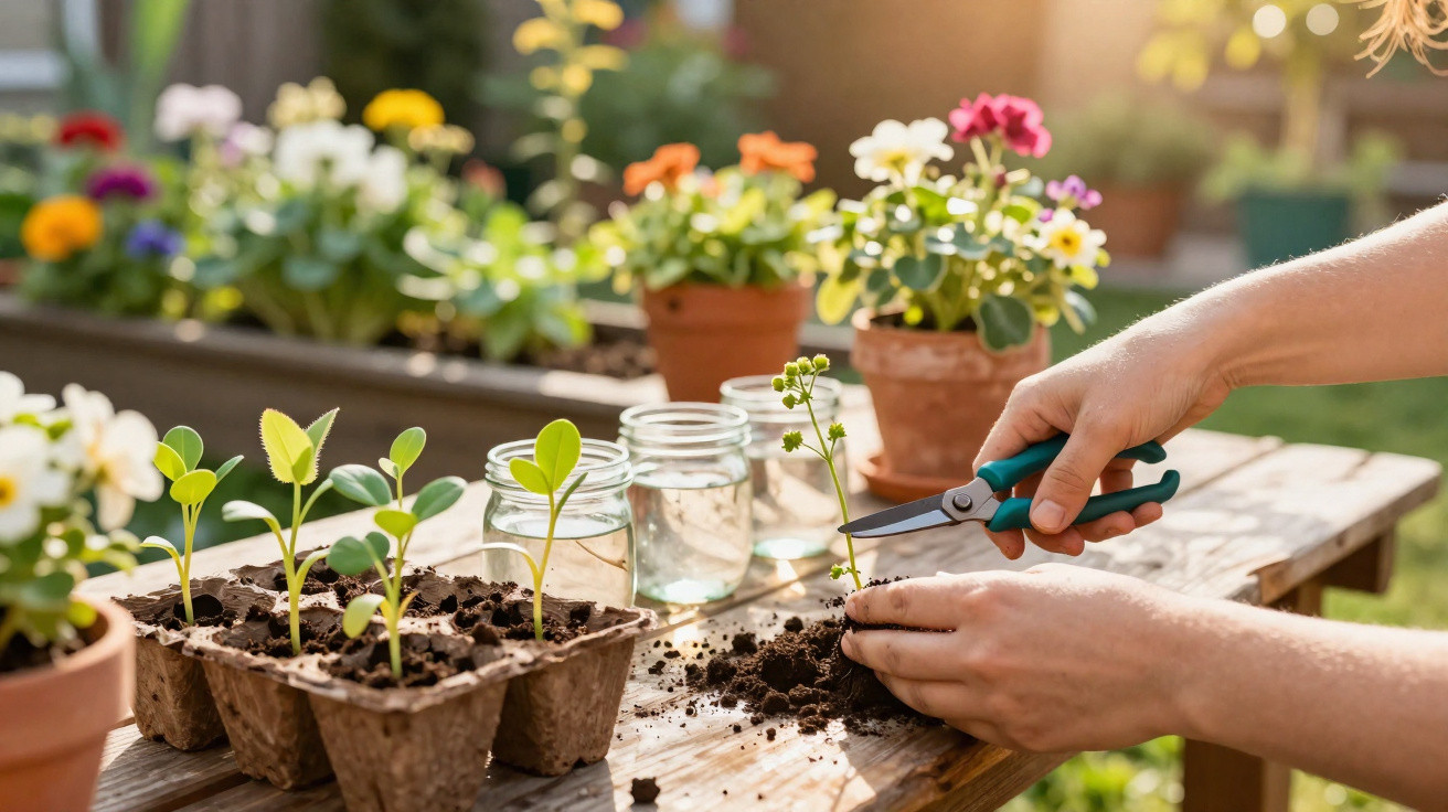 Pessoa transplantando muda com tesoura de poda em mesa com flores e mudas em vasos e potes.