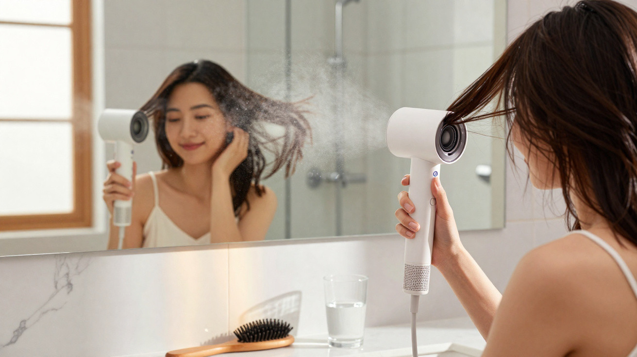 Mulher secando o cabelo com secador branco em frente ao espelho do banheiro.