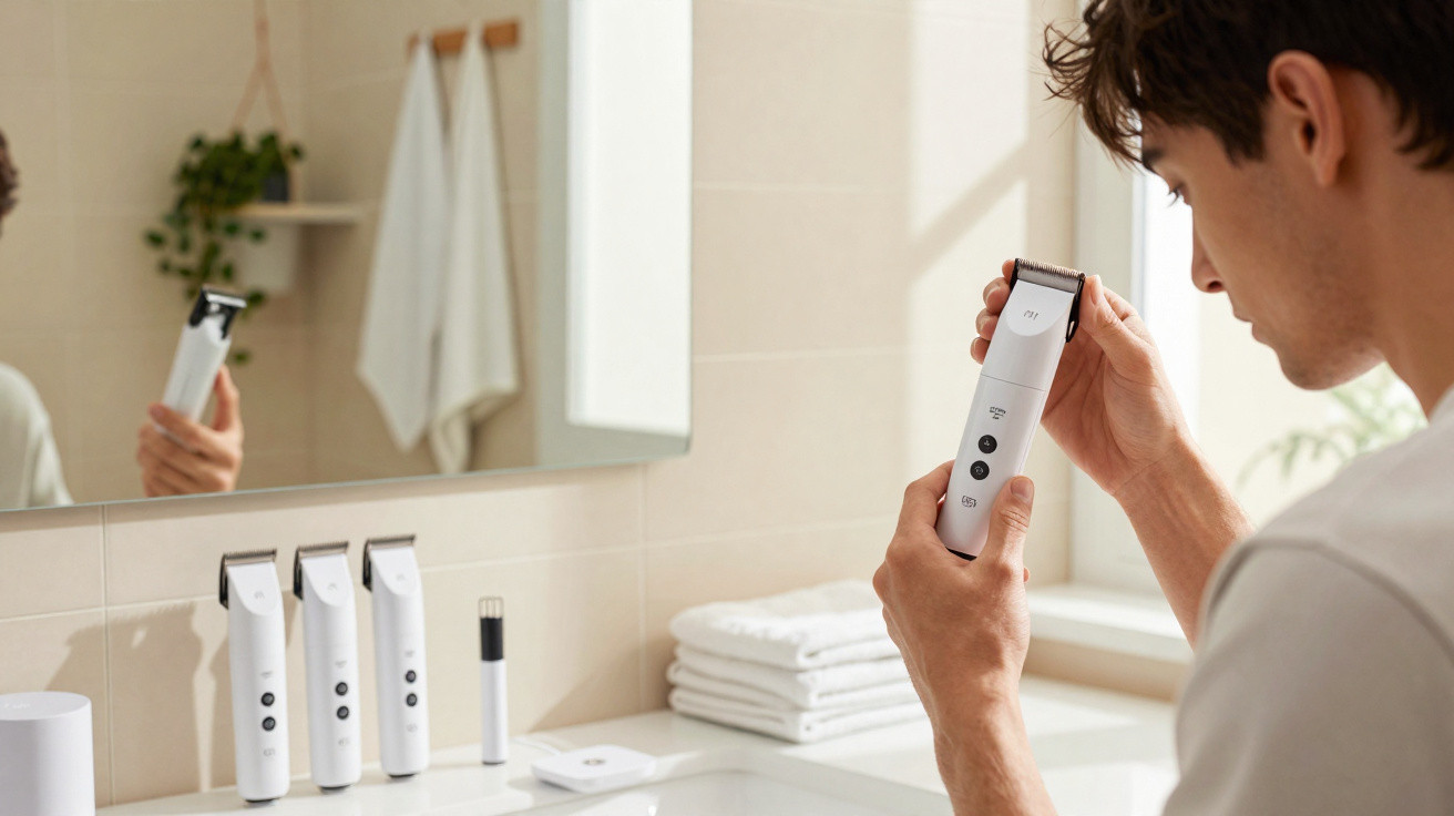 Homem segurando máquina de cortar cabelo branca em banheiro moderno com outras máquinas no balcão.