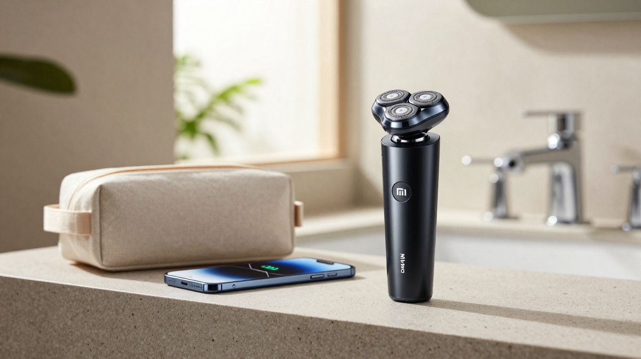 Aparador elétrico de barba preto com três cabeças rotativas, celular e necessaire sobre bancada de banheiro.