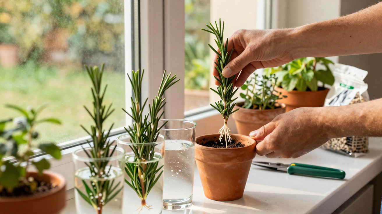 Mãos plantando muda de alecrim em vaso com outras mudas e copos d'água ao lado na janela.