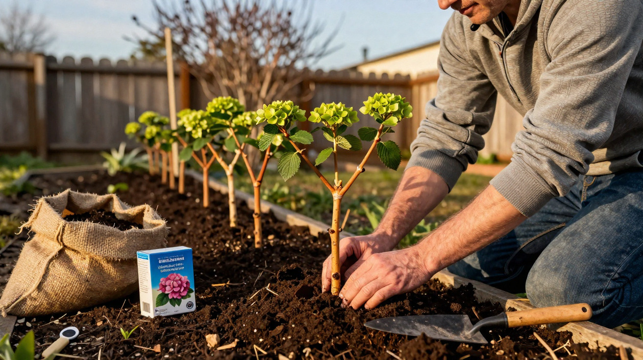 Pessoa plantando mudas de hortênsia em canteiro de terra ao ar livre em dia ensolarado.
